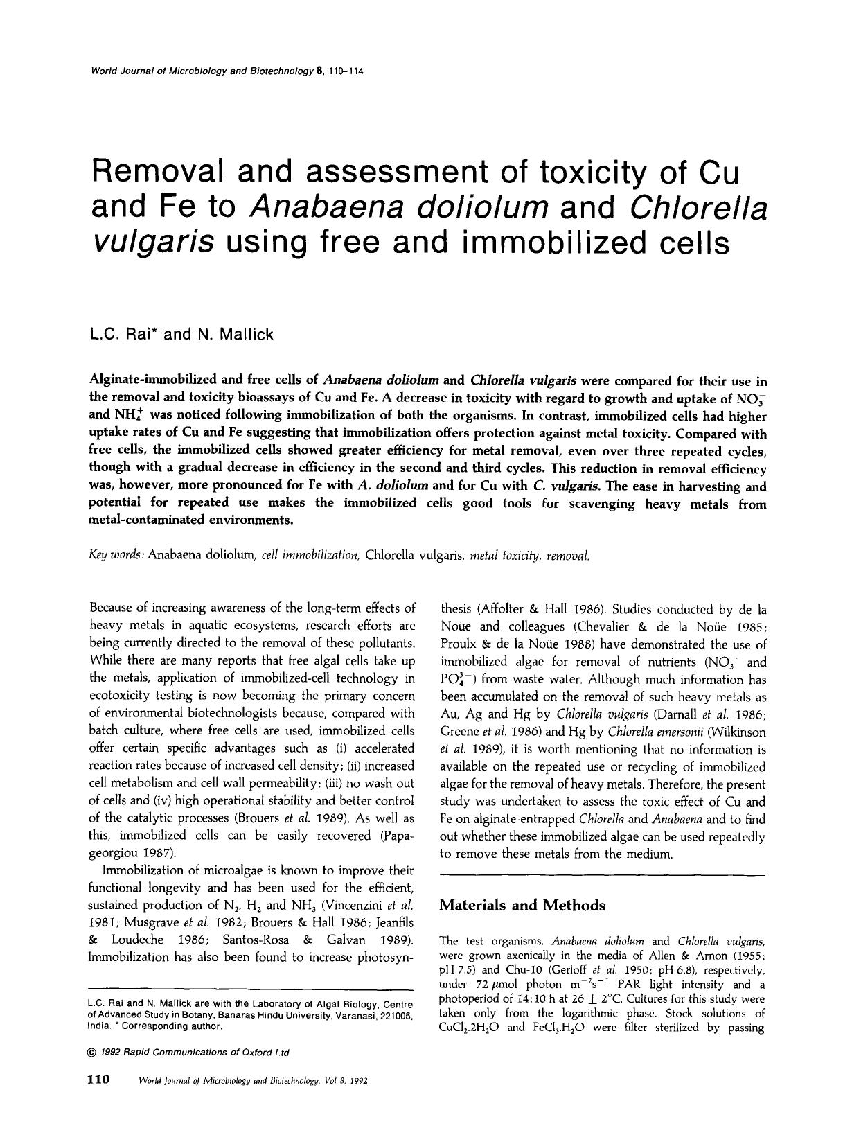 Removal and assessment of toxicity of Cu and Fe to <Emphasis Type="Italic">Anabaena doliolum <Emphasis> and <Emphasis Type="Italic">Chlorella vulgaris <Emphasis> using free and immobilized cells by Unknown