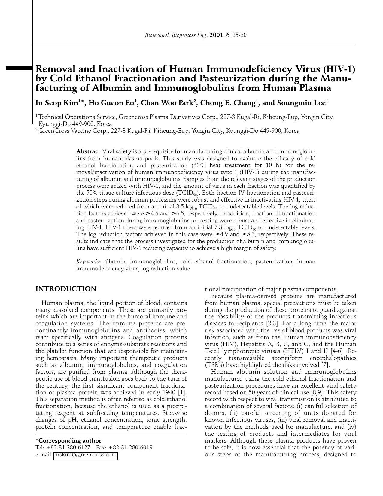 Removal and inactivation of human immunodeficiency virus (HIV-1) by cold ethanol fractionation and pasteurization during the manufacturing of albumin and immunoglobulins from human plasma by Unknown