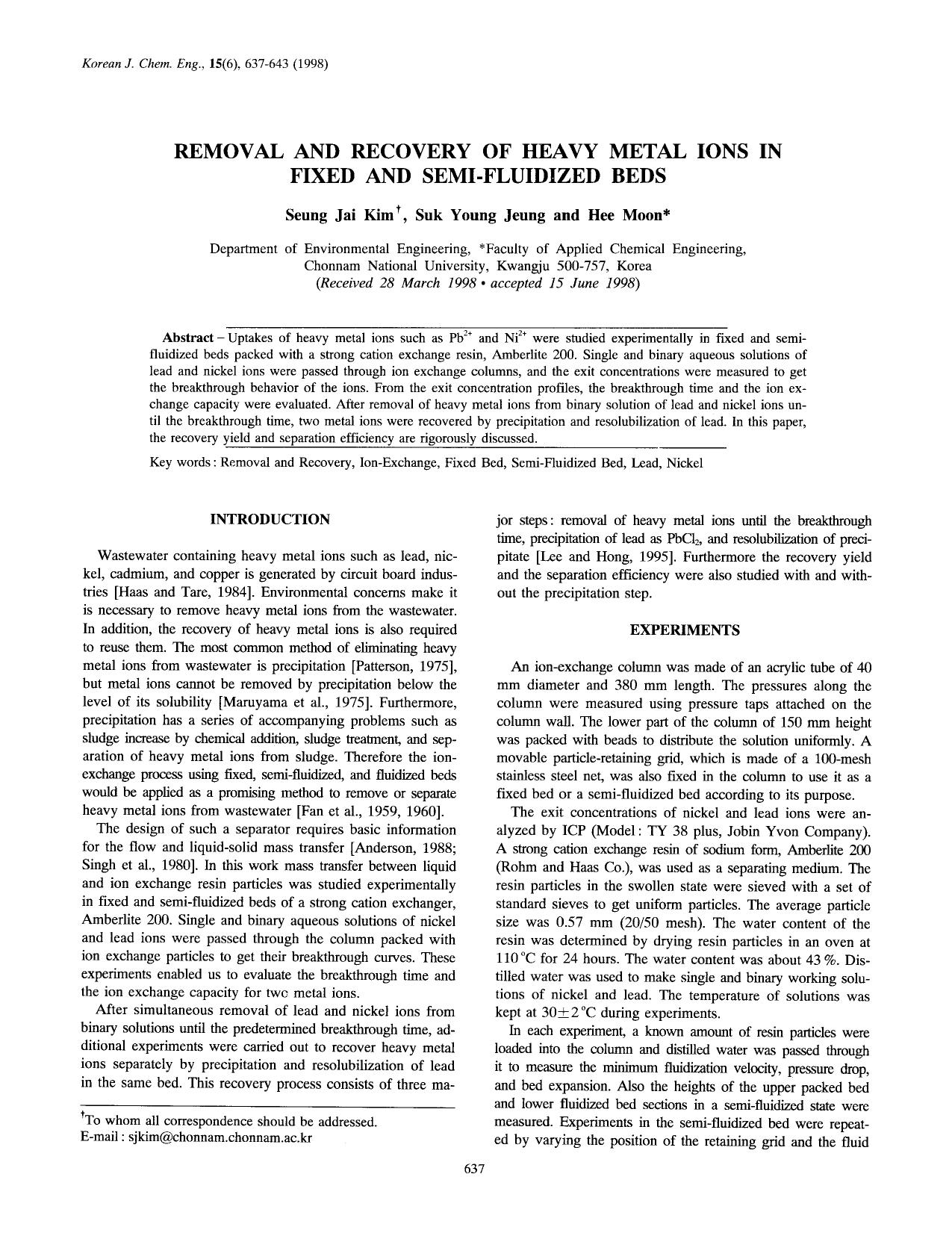 Removal and recovery of heavy metal ions in fixed and semi-fluidized beds by Unknown