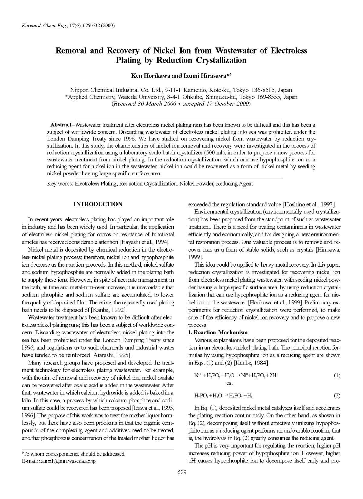 Removal and recovery of nickel ion from wastewater of electroless plating by reduction crystallization by Unknown
