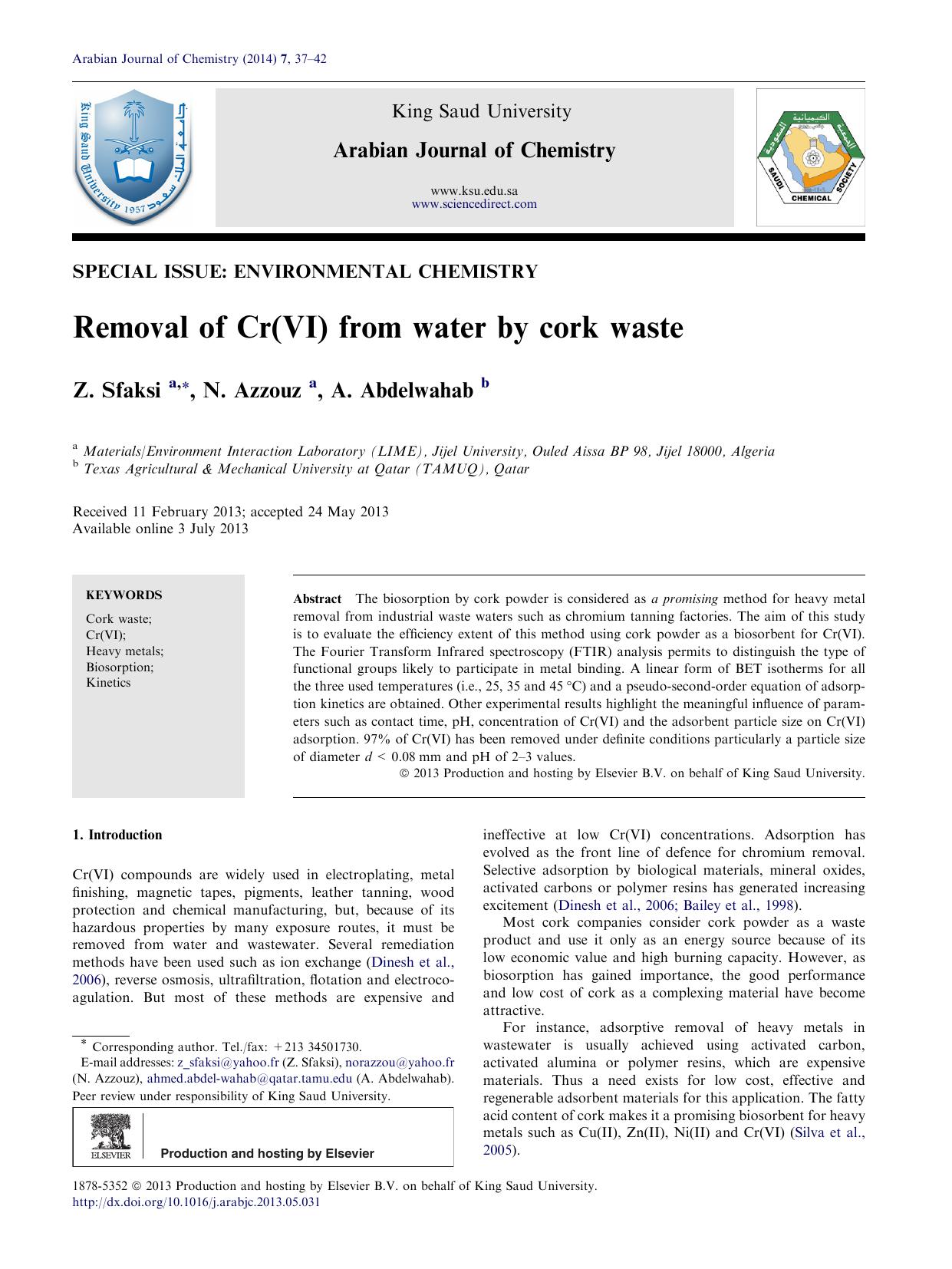 Removal of Cr(VI) from water by cork waste by Z. Sfaksi & N. Azzouz & A. Abdelwahab