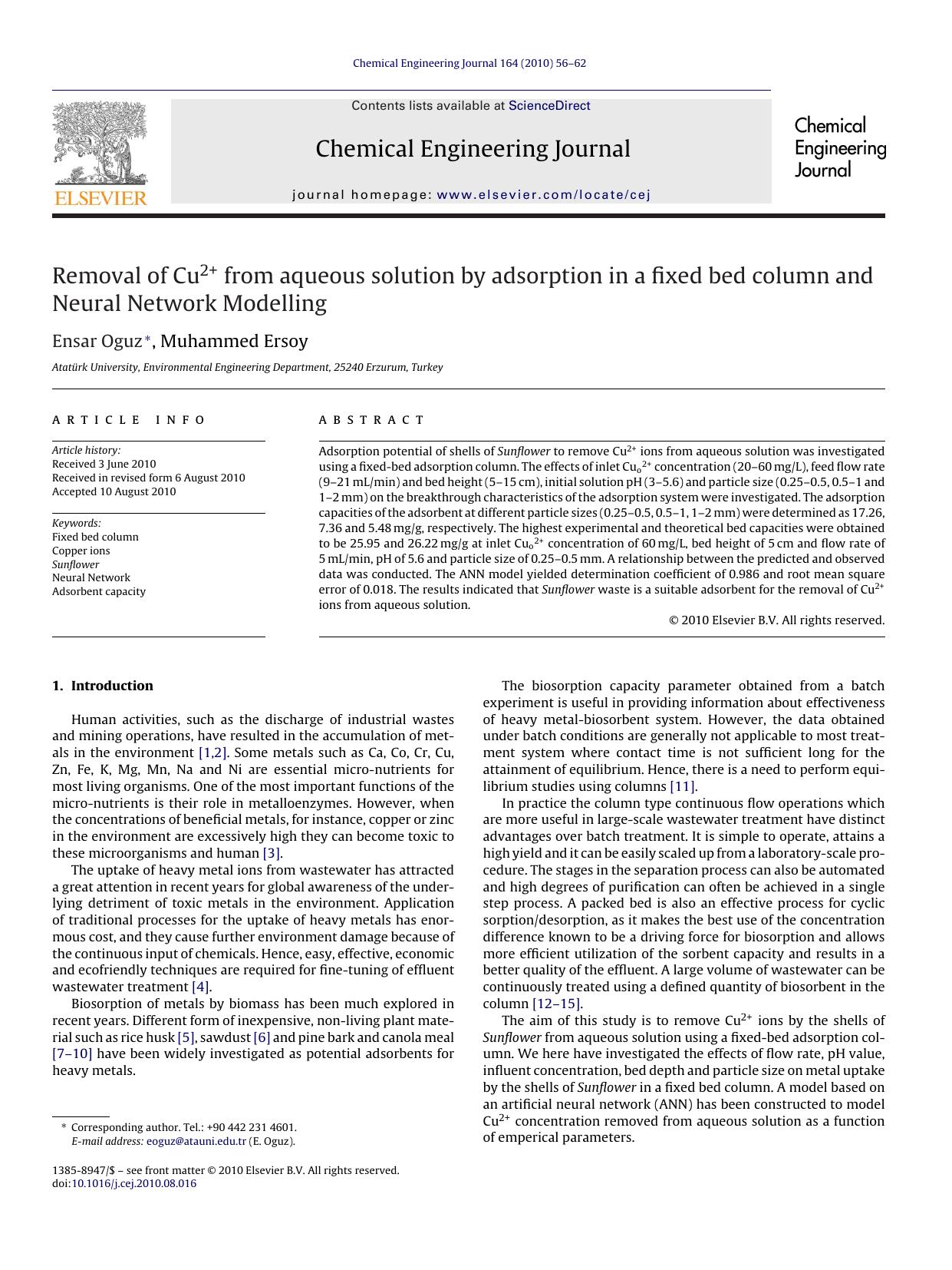 Removal of Cu2+ from aqueous solution by adsorption in a fixed bed column and Neural Network Modelling by Ensar Oguz