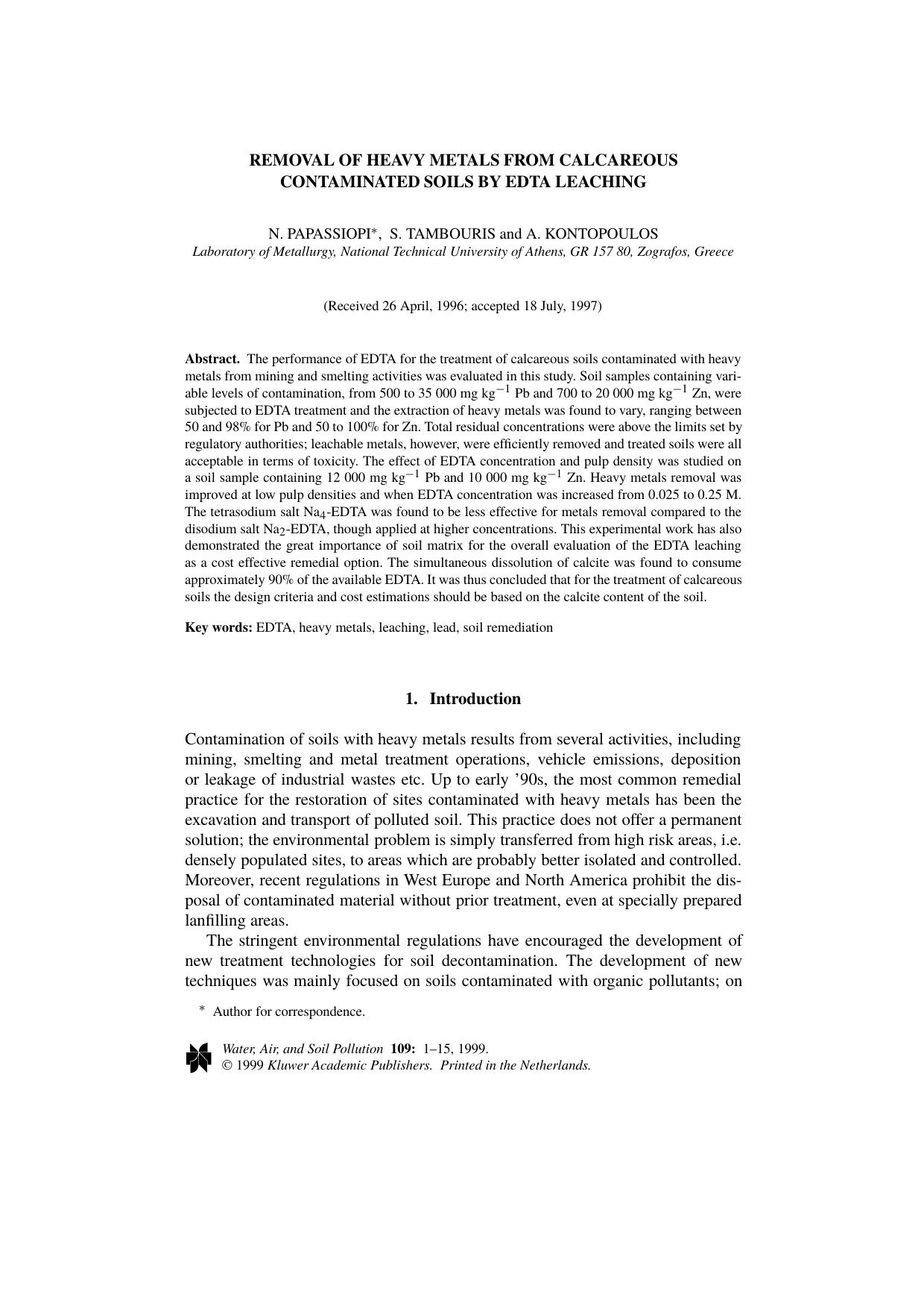 Removal of Heavy Metals from Calcareous Contaminated Soils by EDTA Leaching by Unknown