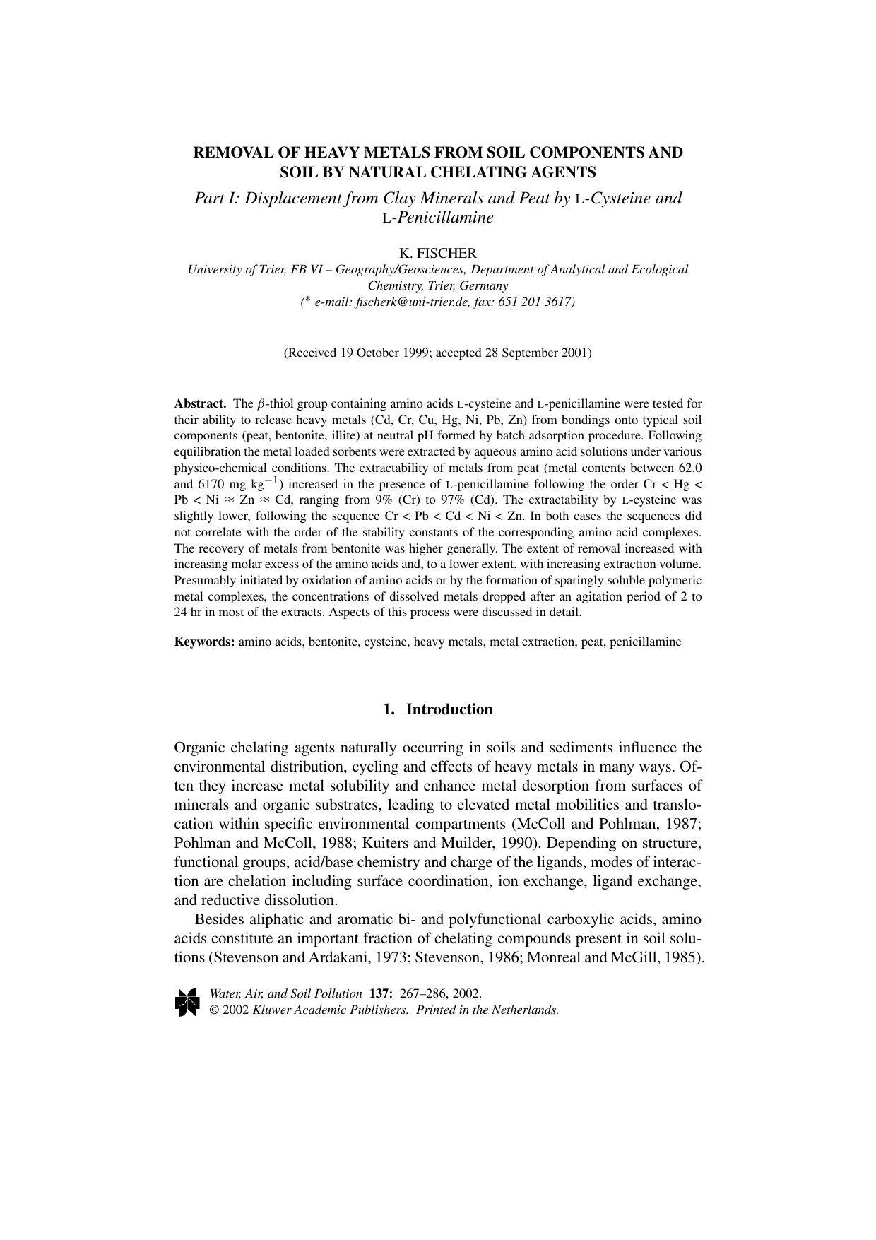 Removal of Heavy Metals from Soil Components and Soil by Natural Chelating Agents. Part I: Displacement from Clay Minerals and Peat by L-Cysteine and L-Penicillamine by Unknown