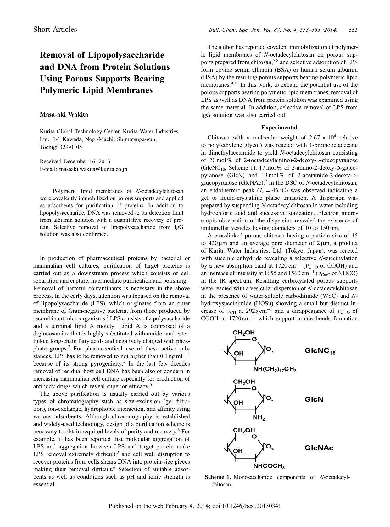 Removal of Lipopolysaccharide and DNA from Protein Solutions Using Porous Supports Bearing Polymeric Lipid Membranes by Masa-aki Wakita