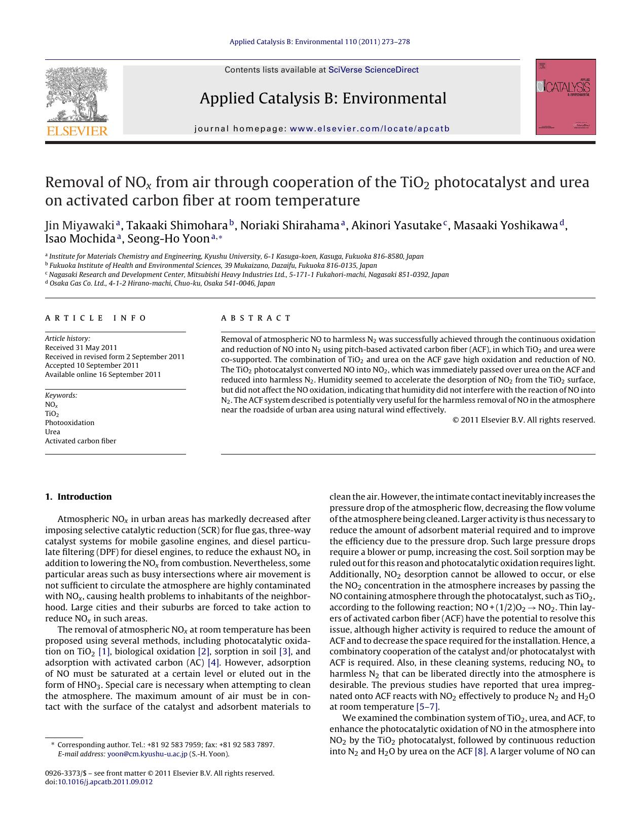 Removal of NOx from air through cooperation of the TiO2 photocatalyst and urea on activated carbon fiber at room temperature by Jin Miyawaki