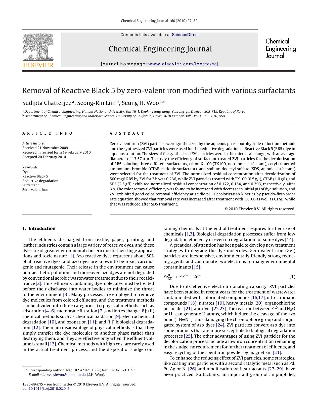 Removal of Reactive Black 5 by zero-valent iron modified with various surfactants by Sudipta Chatterjee; Seong-Rin Lim; Seung H. Woo