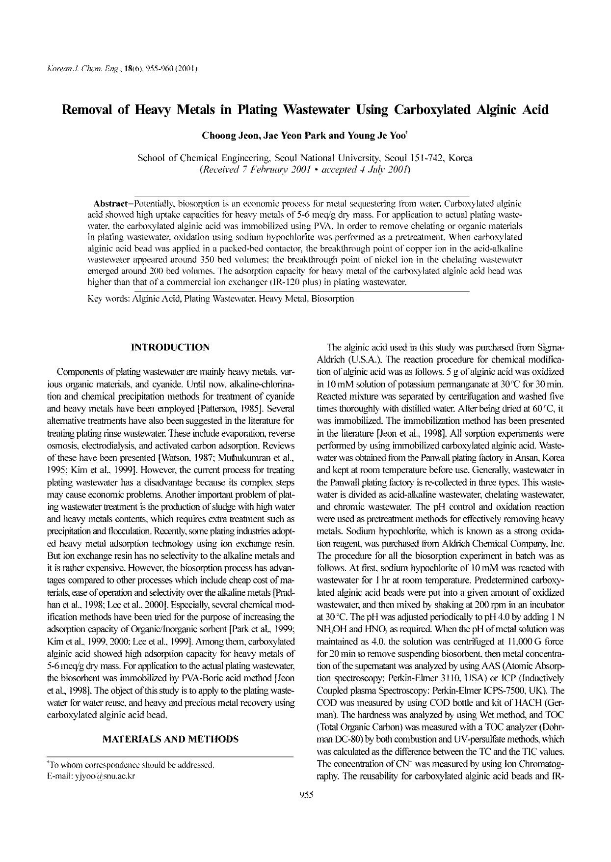 Removal of heavy metals in plating wastewater using carboxylated alginic acid by Unknown