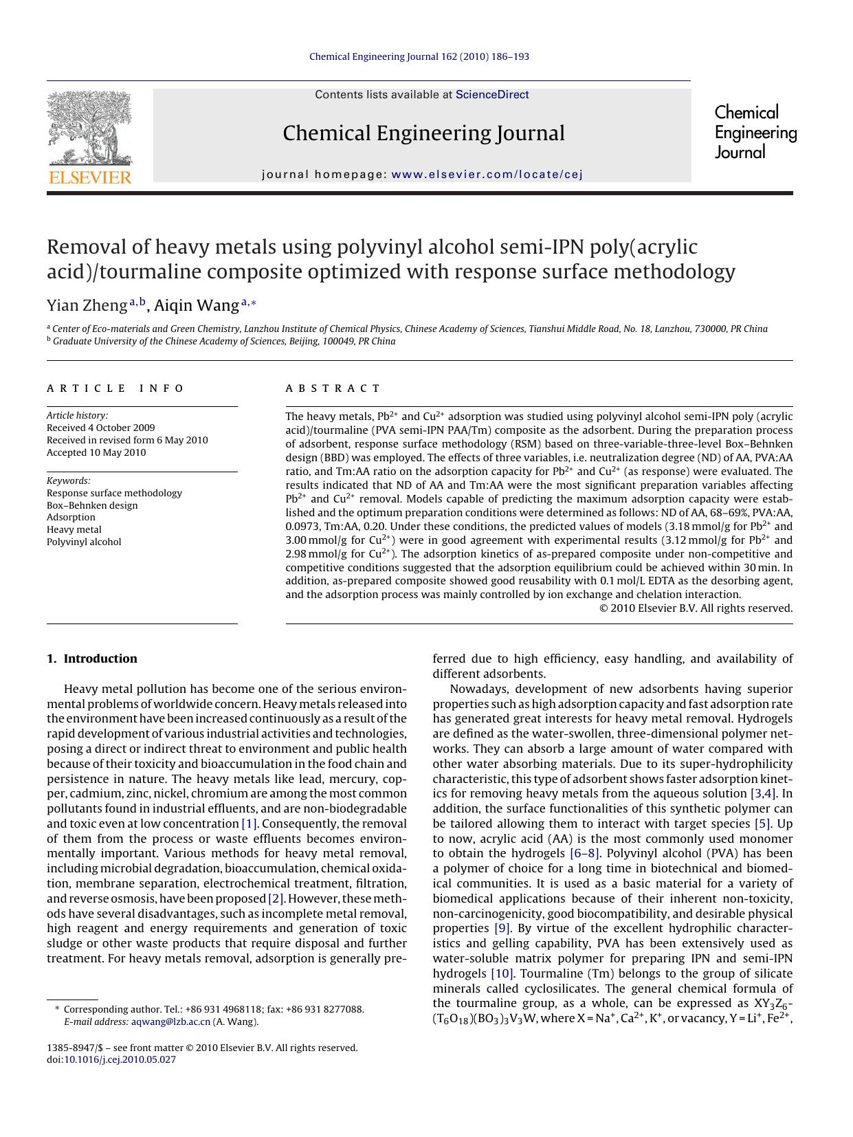 Removal of heavy metals using polyvinyl alcohol semi-IPN poly(acrylic acid)tourmaline composite optimized with response surface methodology by Yian Zheng