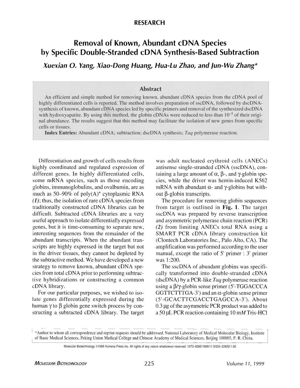 Removal of known, abundant cDNA species by specific double-stranded cDNA synthesis-based subtraction by Unknown