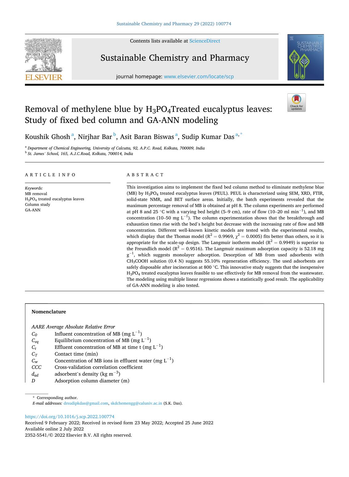 Removal of methylene blue by H3PO4Treated eucalyptus leaves: Study of fixed bed column and GA-ANN modeling by Koushik Ghosh & Nirjhar Bar & Asit Baran Biswas & Sudip Kumar Das