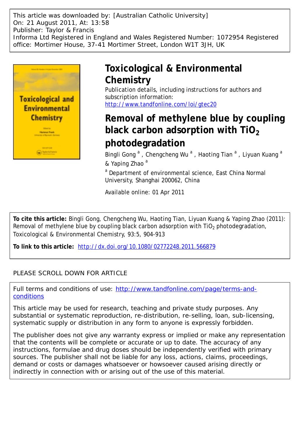 Removal of methylene blue by coupling black carbon adsorption with TiO2 photodegradation by unknow