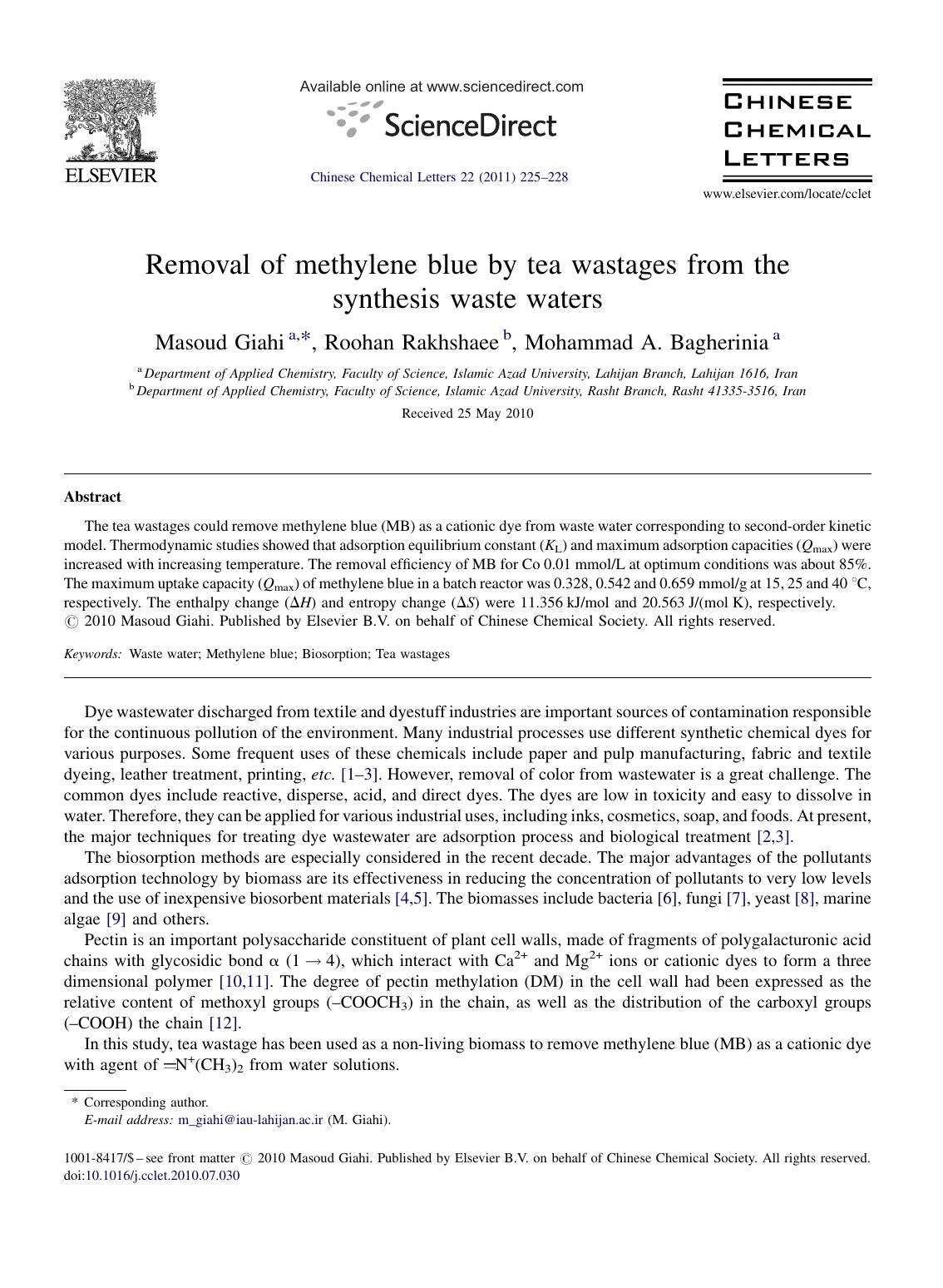 Removal of methylene blue by tea wastages from the synthesis waste waters by Masoud Giahi