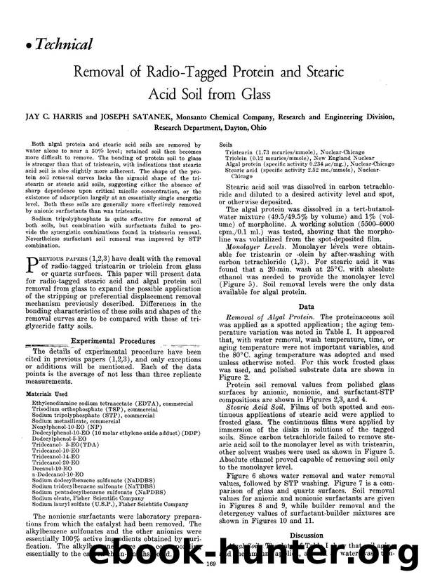 Removal of radio-tagged protein and stearic acid soil from glass by Unknown