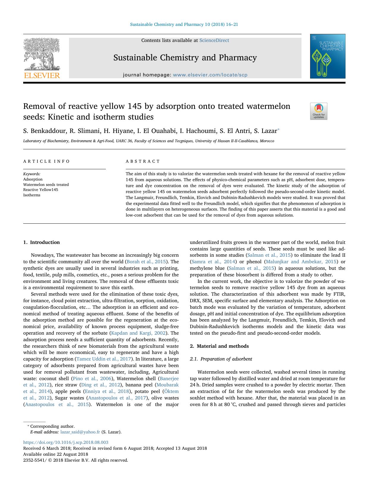 Removal of reactive yellow 145 by adsorption onto treated watermelon seeds_ Kinetic and isotherm studies by S. Benkaddour & R. Slimani & H. Hiyane & I. El Ouahabi & I. Hachoumi & S. El Antri & S. Lazar