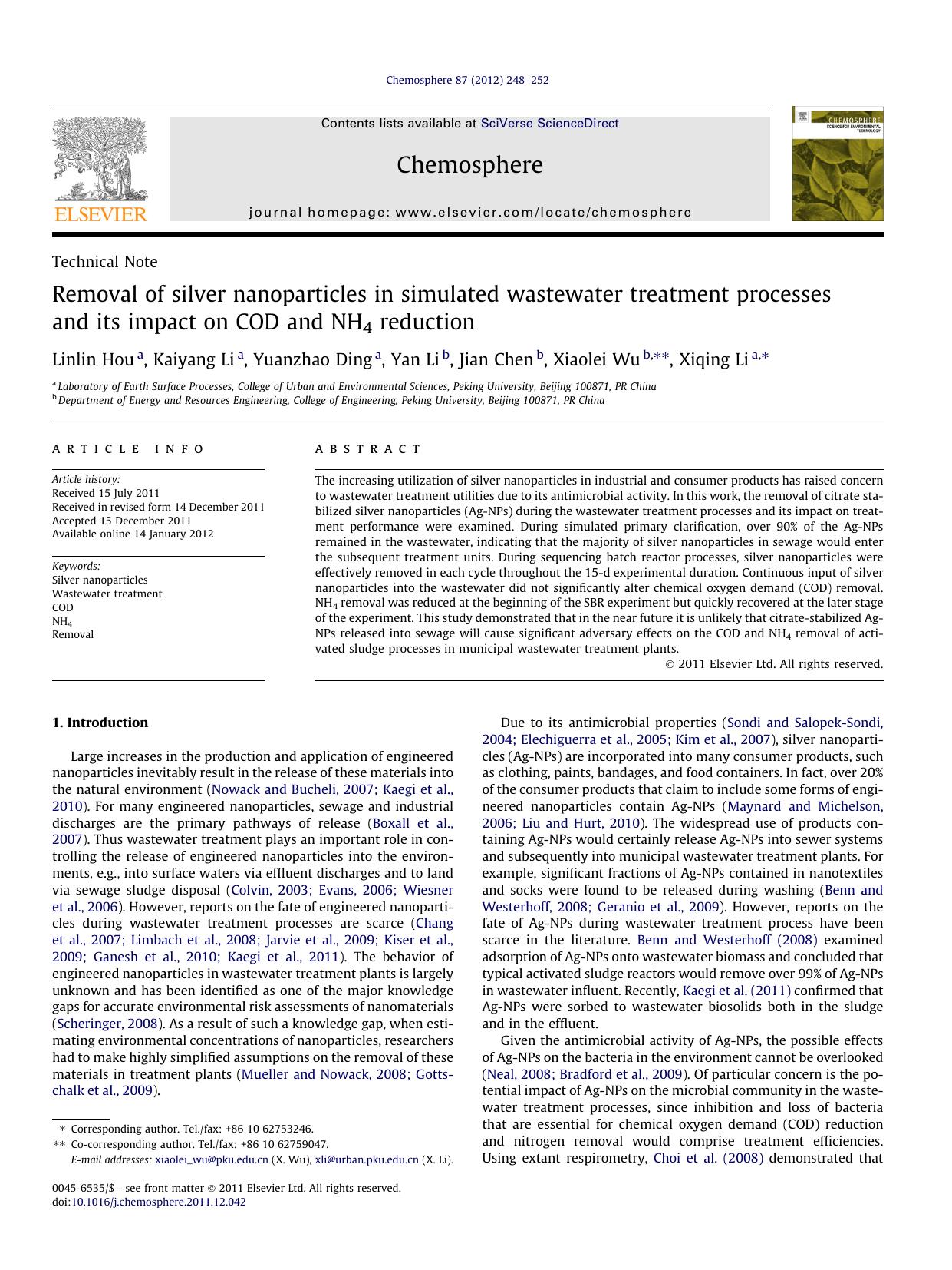 Removal of silver nanoparticles in simulated wastewater treatment processes and its impact on COD and NH4 reduction by Linlin Hou & Kaiyang Li & Yuanzhao Ding & Yan Li & Jian Chen & Xiaolei Wu & Xiqing Li