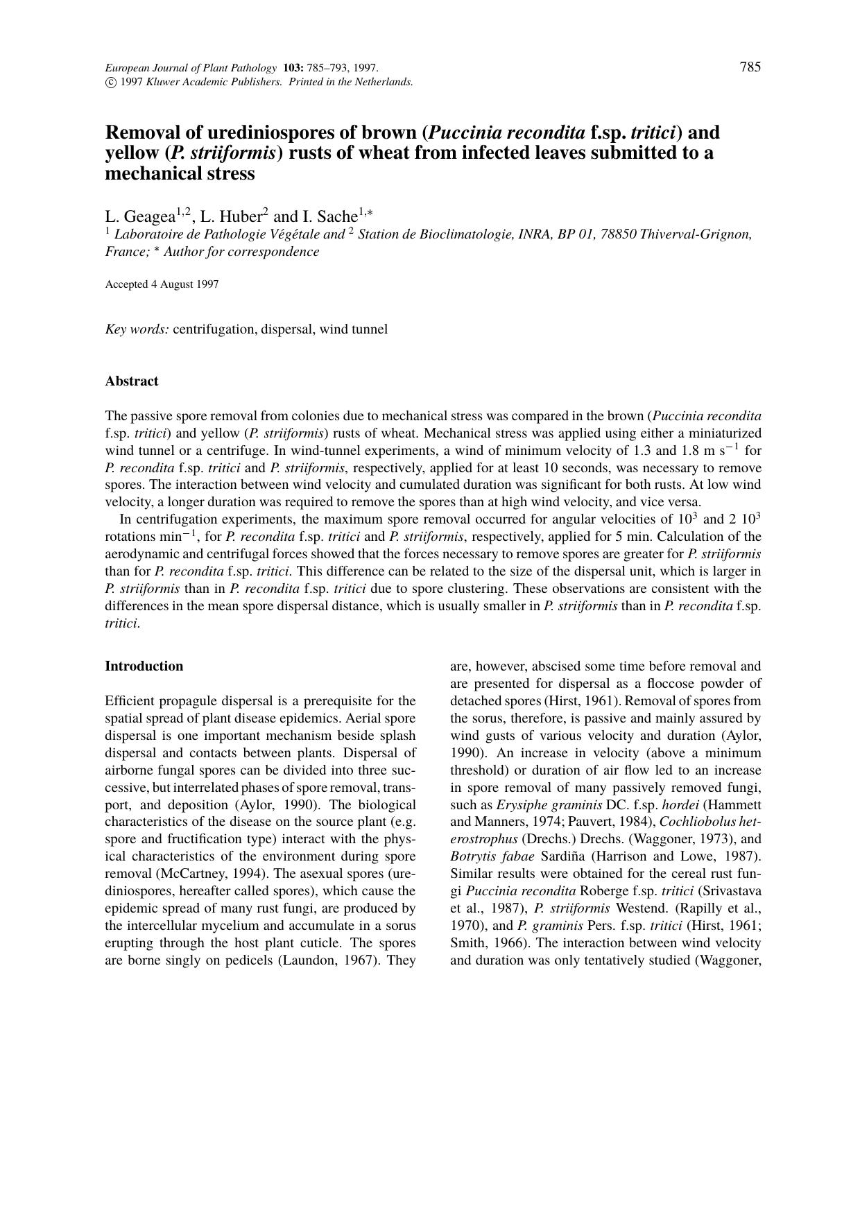 Removal of urediniospores of brown (Puccinia recondita f.sp. tritici) and yellow (P. striiformis) rusts of wheat from infected leaves submitted to a mechanical stress by Unknown