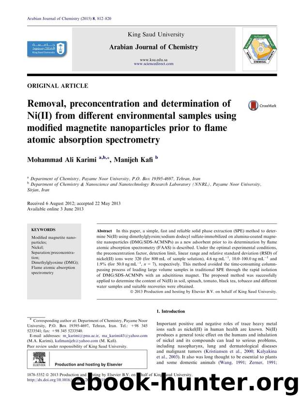 Removal, preconcentration and determination of Ni(II) from different environmental samples using modified magnetite nanoparticles prior to flame atomic absorption spectrometry by Mohammad Ali Karimi & Manijeh Kafi