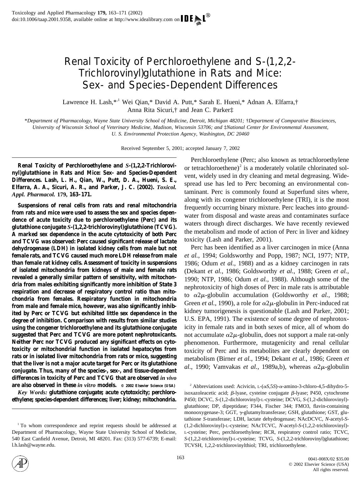 Renal Toxicity of Perchloroethylene and S-(1,2,2-Trichlorovinyl)glutathione in Rats and Mice: Sex- and Species-Dependent Differences by Lash L. H. et al