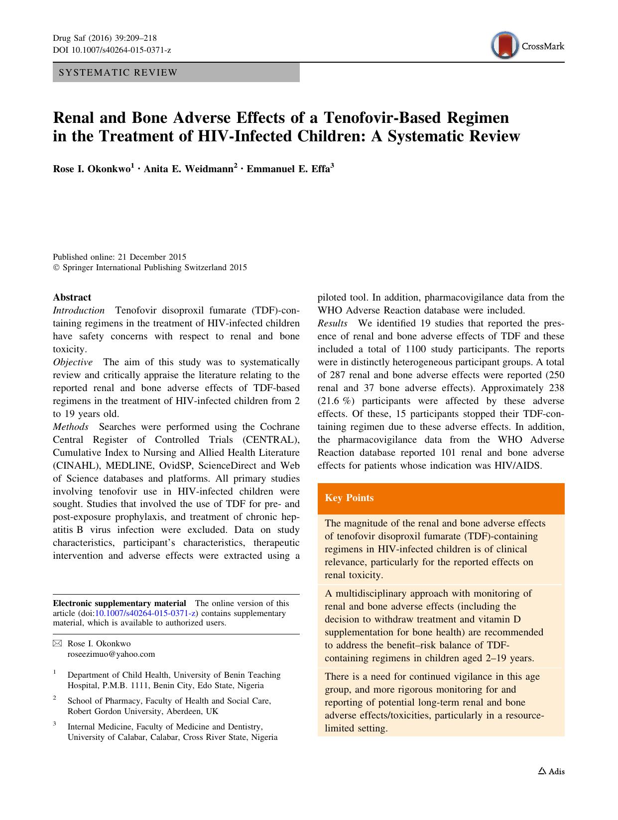 Renal and Bone Adverse Effects of a Tenofovir-Based Regimen in the Treatment of HIV-Infected Children: A Systematic Review by Rose I. Okonkwo & Anita E. Weidmann & Emmanuel E. Effa