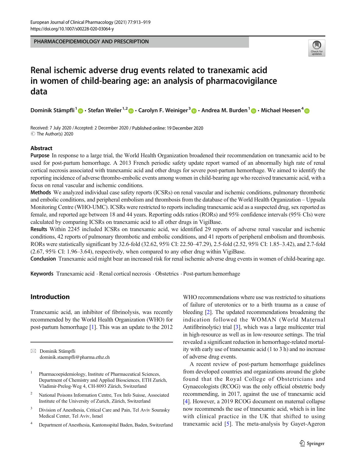 Renal ischemic adverse drug events related to tranexamic acid in women of child-bearing age: an analysis of pharmacovigilance data by Dominik Stämpfli & Stefan Weiler & Carolyn F. Weiniger & Andrea M. Burden & Michael Heesen