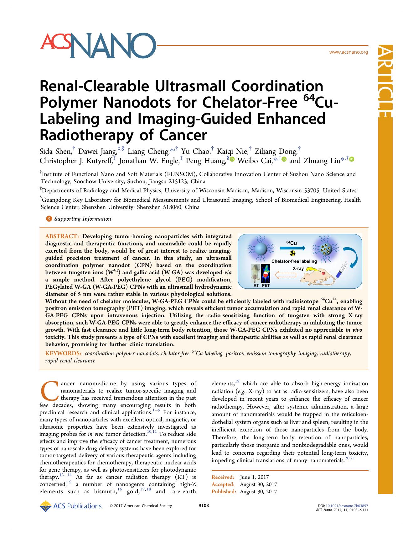 Renal-Clearable Ultrasmall Coordination Polymer Nanodots for Chelator-Free 64Cu-Labeling and Imaging-Guided Enhanced Radiotherapy of Cancer by unknow