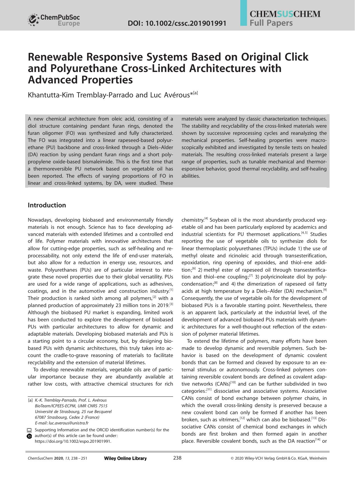 Renewable Responsive Systems Based on Original Click and Polyurethane CrossâLinked Architectures with Advanced Properties by Unknown