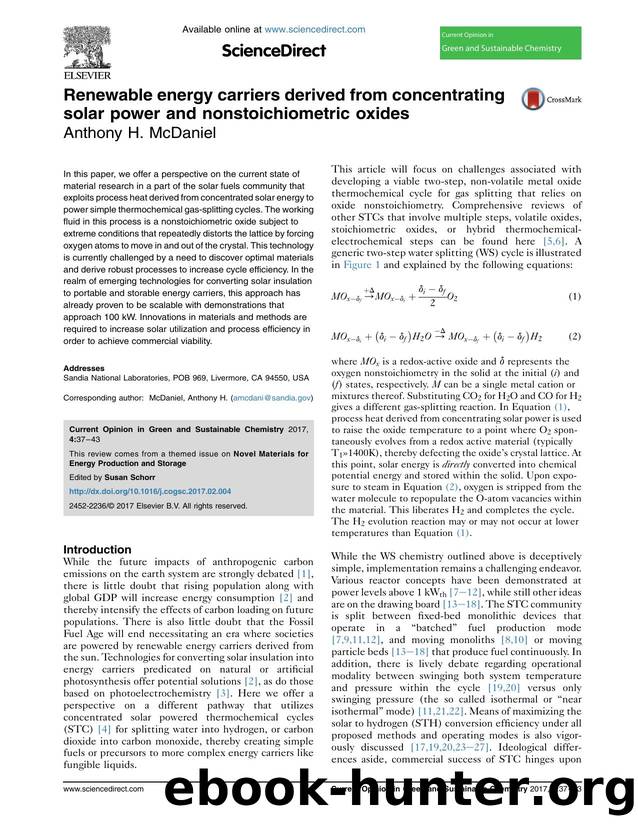 Renewable energy carriers derived from concentrating solar power and nonstoichiometric oxides by Anthony H. McDaniel