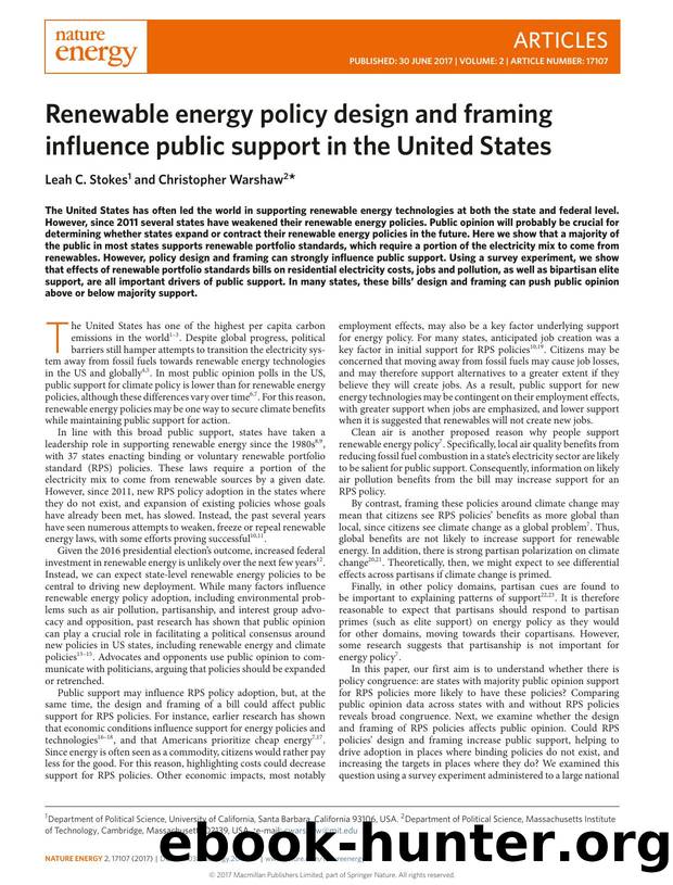 Renewable energy policy design and framing influence public support in the United States by Leah C. Stokes; Christopher Warshaw