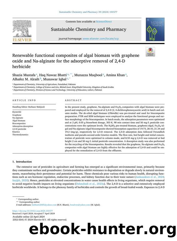 Renewable functional composites of algal biomass with graphene oxide and Na-alginate for the adsorptive removal of 2,4-D herbicide by Shazia Mustafa & Haq Nawaz Bhatti & Munazza Maqbool & Amina Khan & Alhafez M. Alraih & Munawar Iqbal