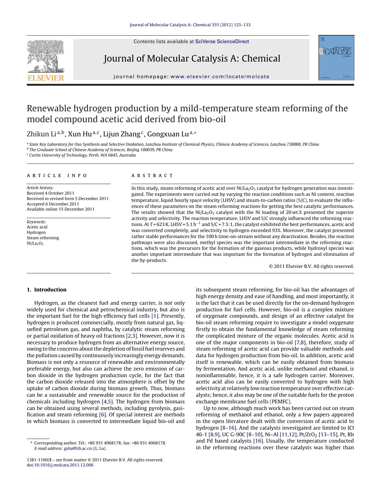 Renewable hydrogen production by a mild-temperature steam reforming of the model compound acetic acid derived from bio-oil by Zhikun Li