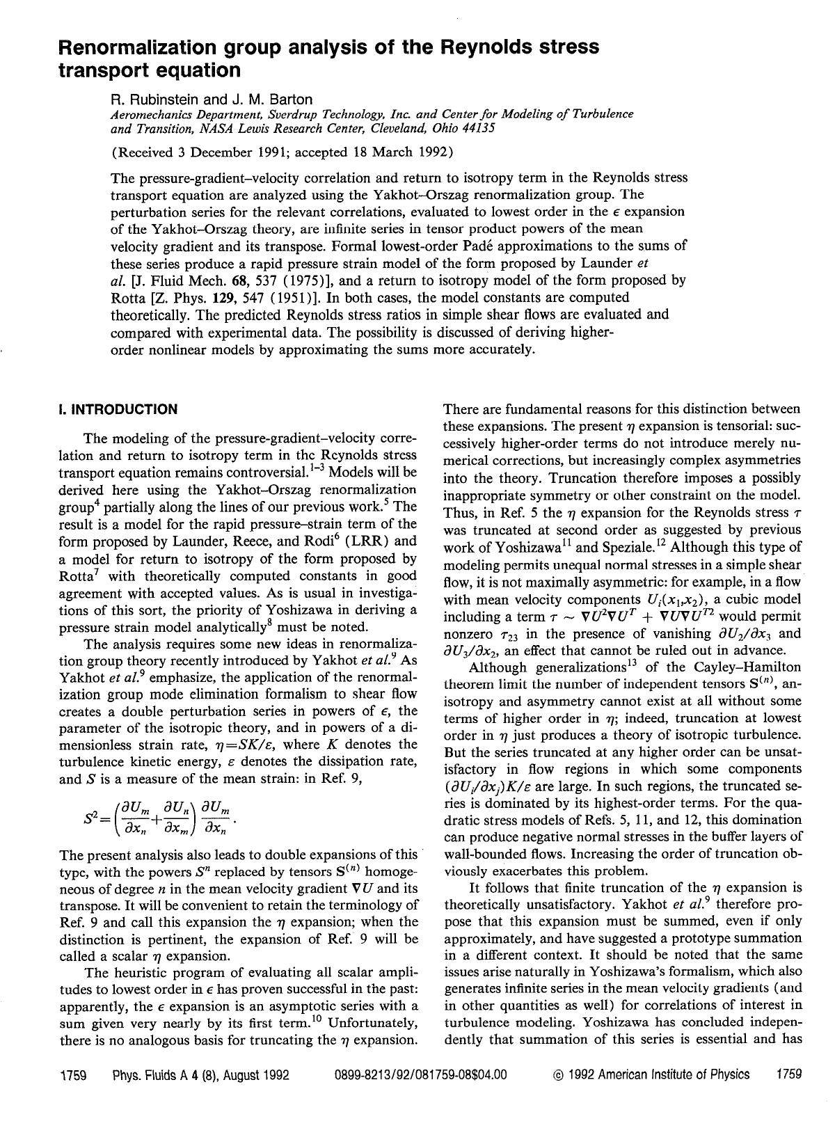 Renormalization group analysis of the Reynolds stress transport equation by R. Rubinstein; J. M. Barton