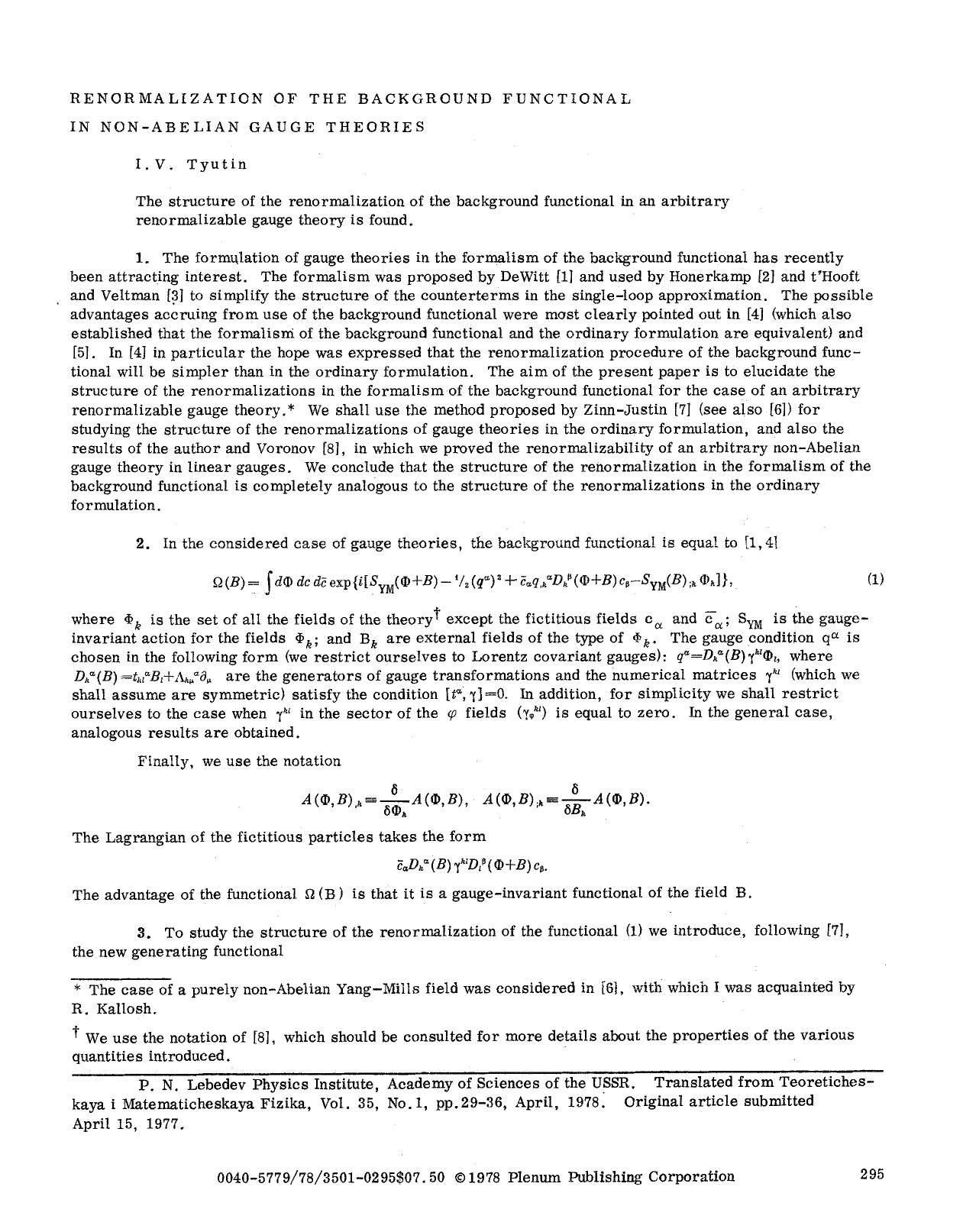 Renormalization of the background functional in non-Abelian gauge theories by Unknown