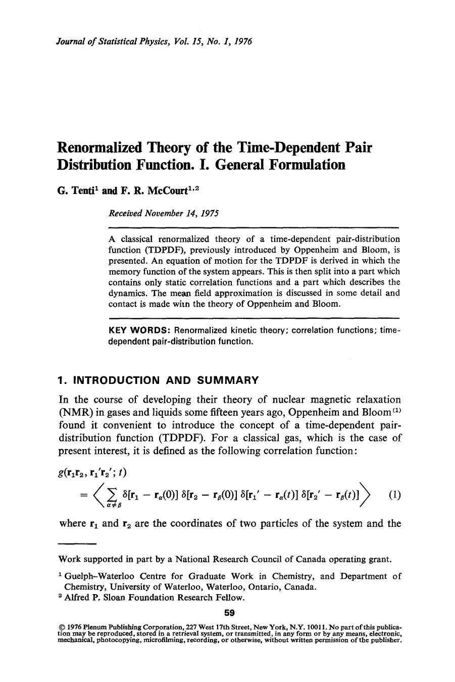 Renormalized theory of the time-dependent pair distribution function. I. General formulation by Unknown
