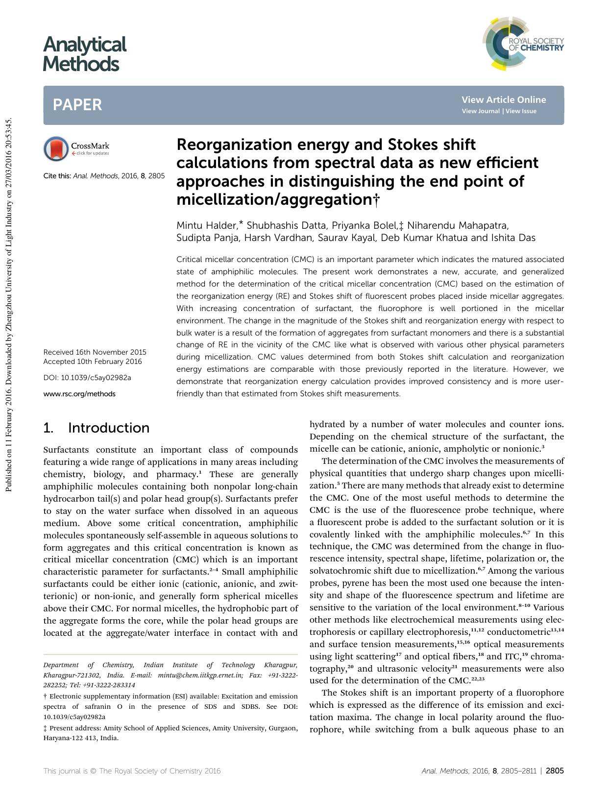 Reorganization energy and Stokes shift calculations from spectral data as new efficient approaches in distinguishing the end point of micellizationaggregation by unknow