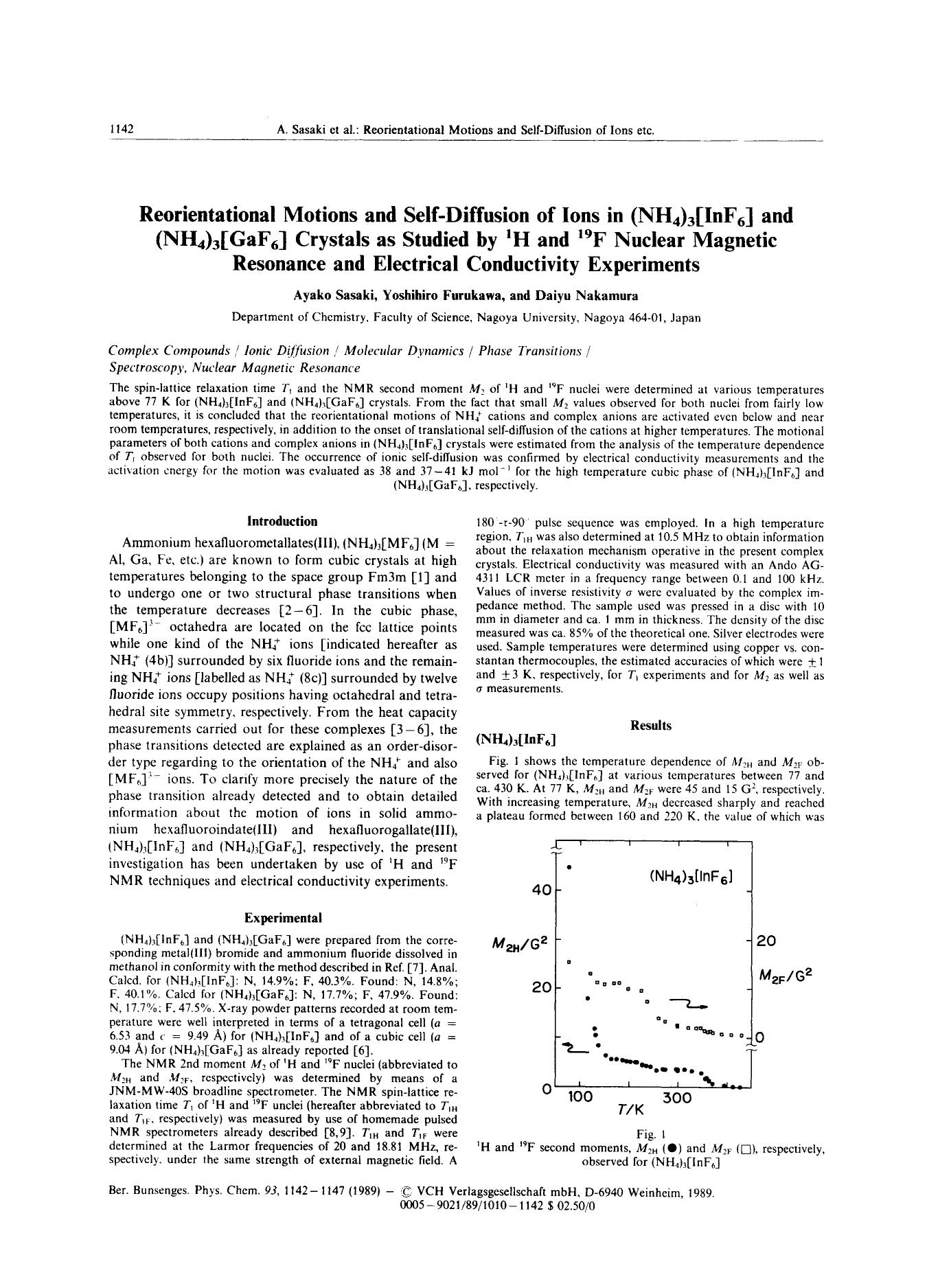 Reorientational Motions and Self-Diffusion of Ions in (NH4)3[InF6] and (NH4)3[GaF6] Crystals as Studied by 1H and 19F Nuclear Magnetic Resonance and Electrical Conductivity Experiments by Unknown