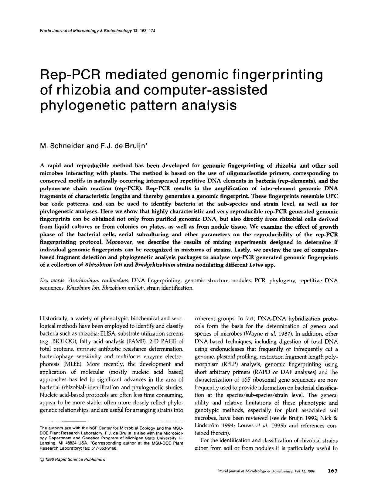 Rep-PCR mediated genomic fingerprinting of rhizobia and computer-assisted phylogenetic pattern analysis by Unknown