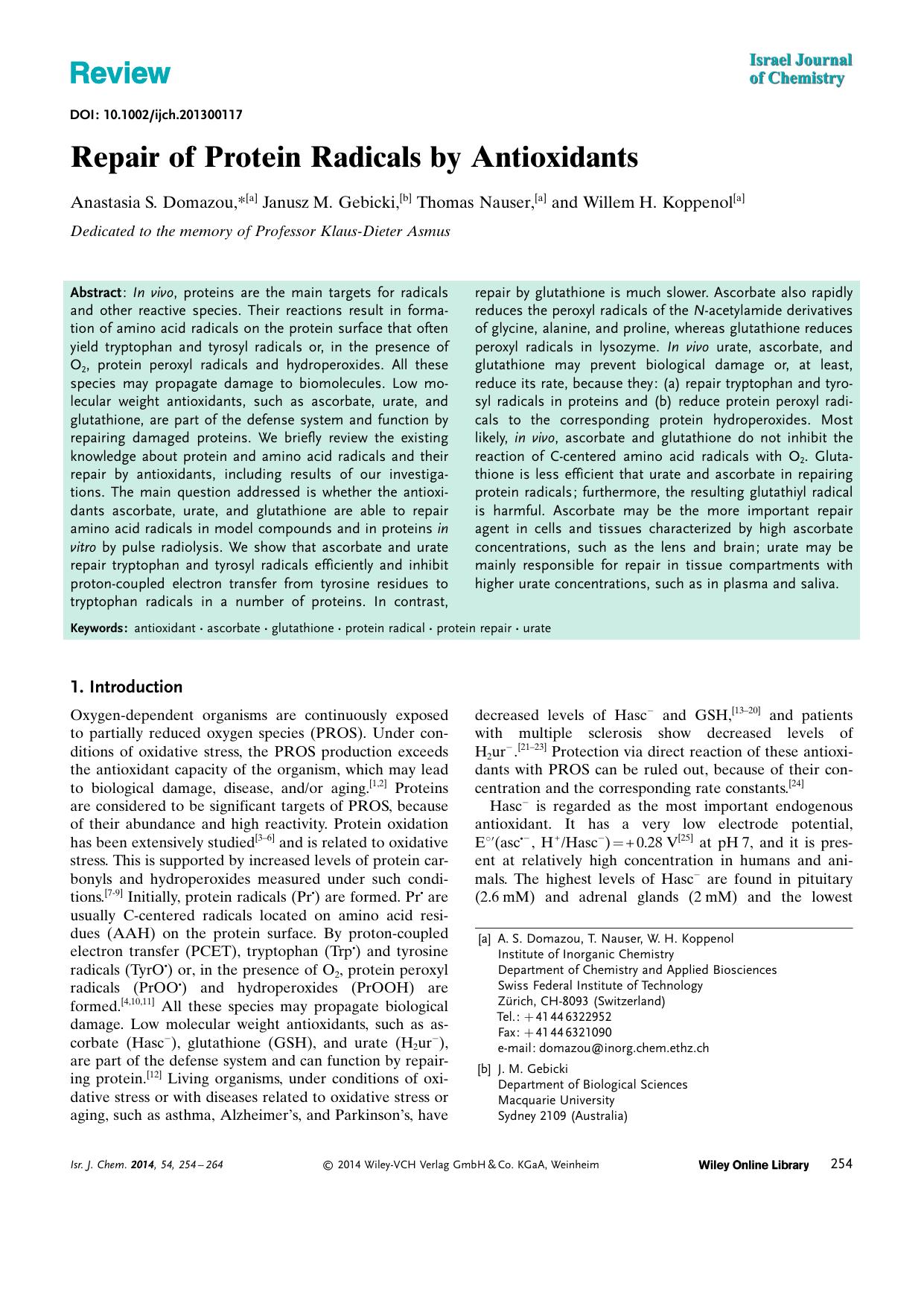 Repair of Protein Radicals by Antioxidants by Unknown