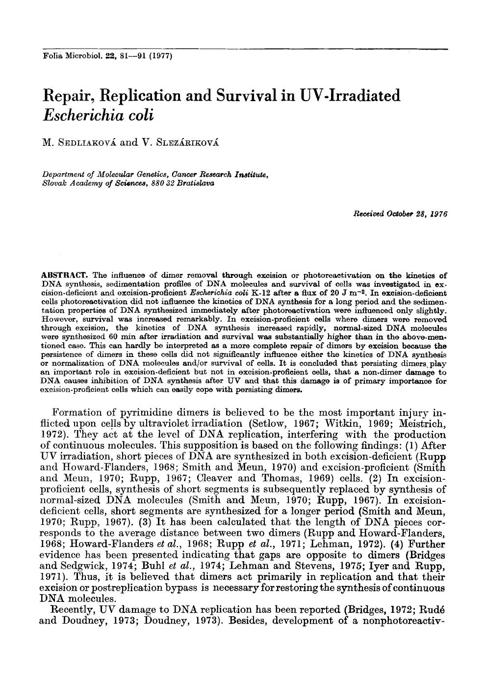 Repair, replication and survival in UV-irradiated <Emphasis Type="Italic">Escherichia coli <Emphasis> by Unknown