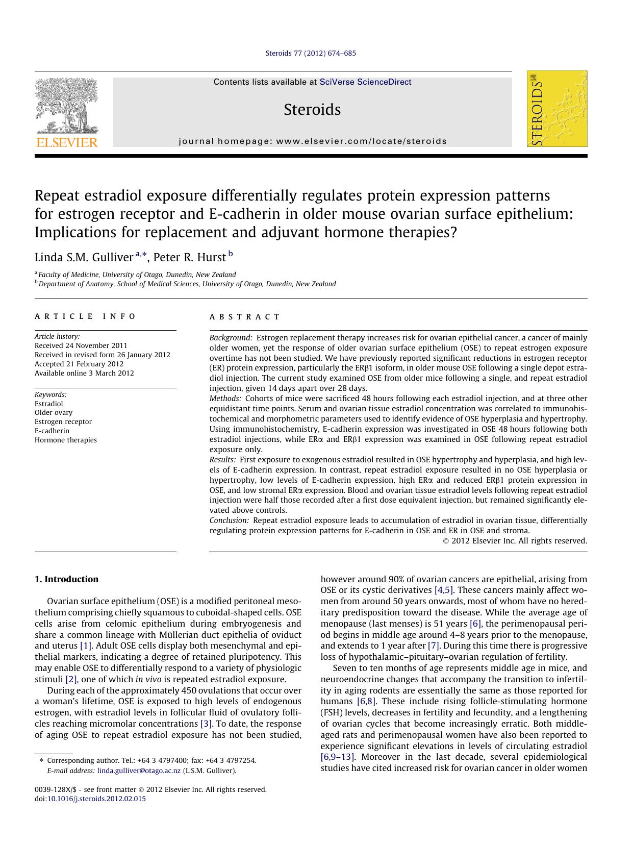 Repeat estradiol exposure differentially regulates protein expression patterns for estrogen receptor and E-cadherin in older mouse ovarian surface epithelium: Implications for repl by Linda S.M. Gulliver & Peter R. Hurst