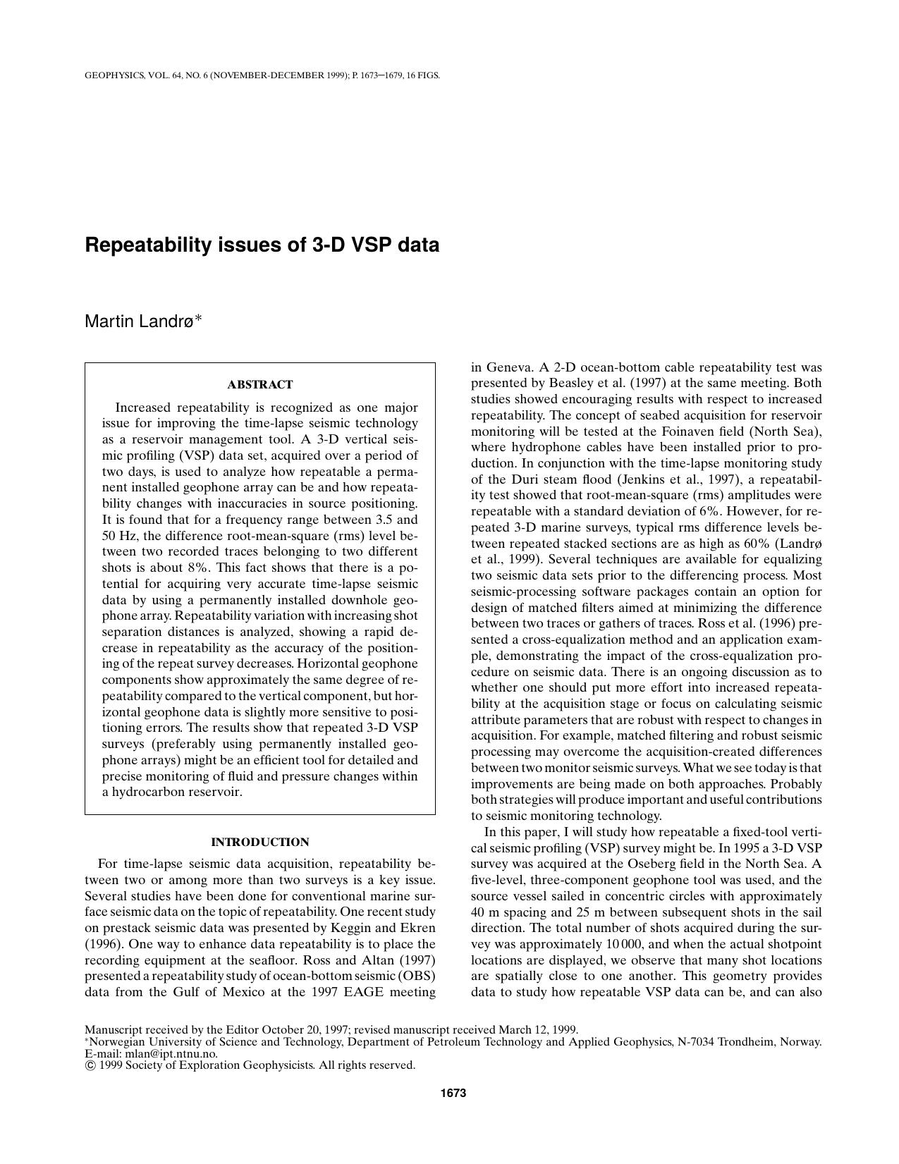 Repeatability issues of 3-D VSP data by M. Landro