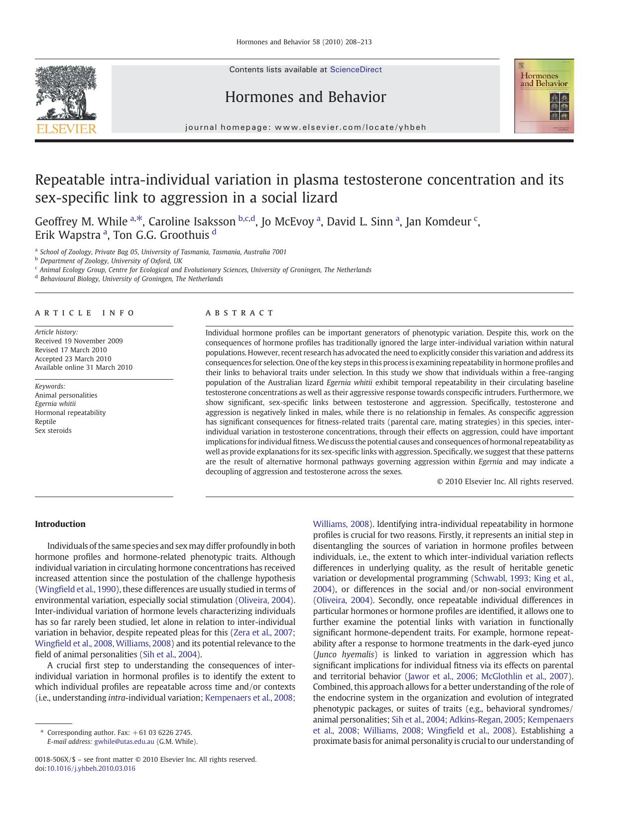 Repeatable intra-individual variation in plasma testosterone concentration and its sex-specific link to aggression in a social lizard by unknow