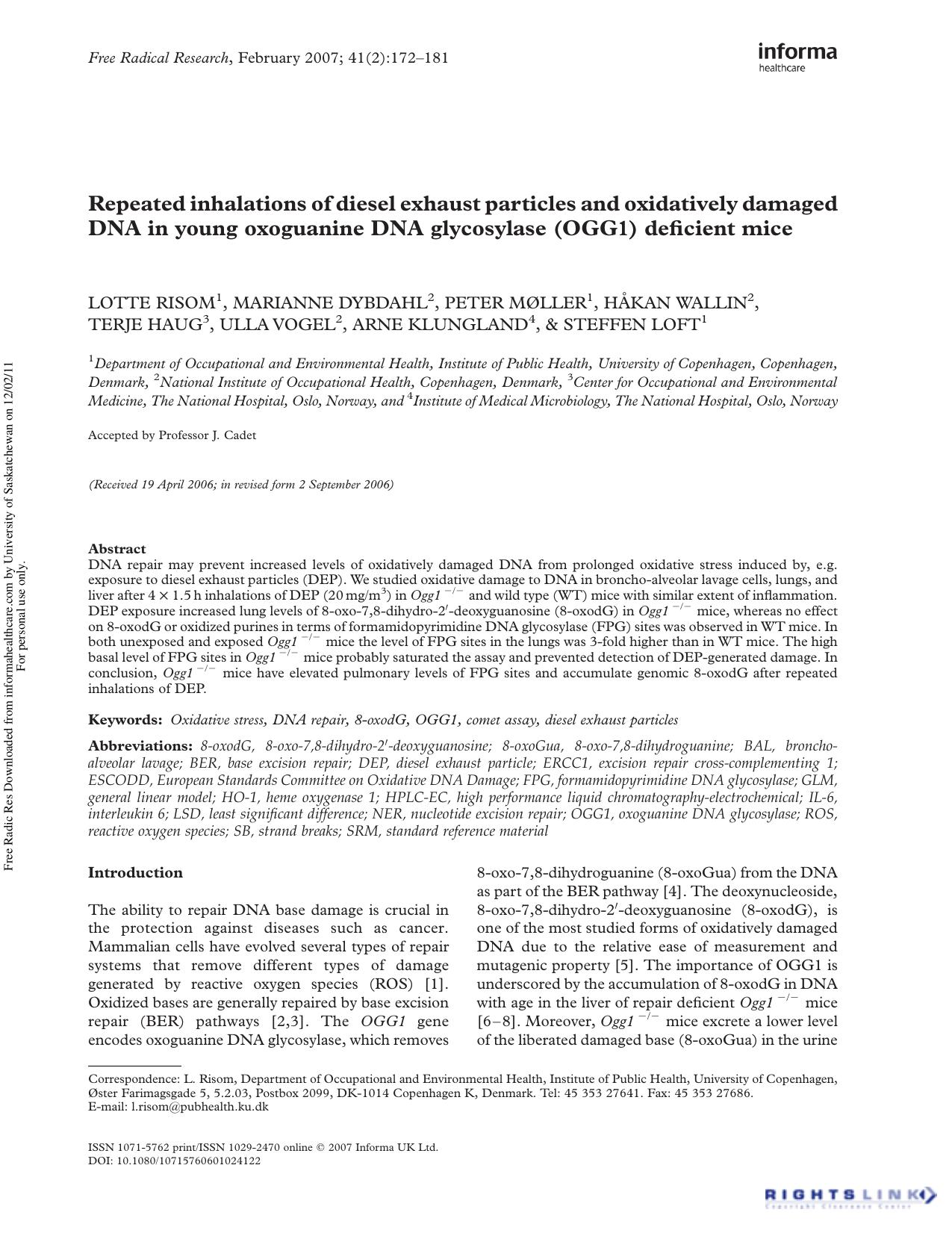 Repeated inhalations of diesel exhaust particles and oxidatively damaged DNA in young oxoguanine DNA glycosylase (OGG1) deficient mice by unknow