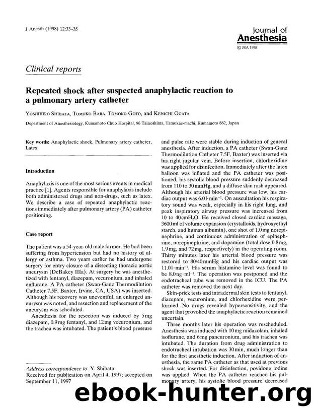 Repeated shock after suspected anaphylactic reaction to a pulmonary artery catheter by Unknown