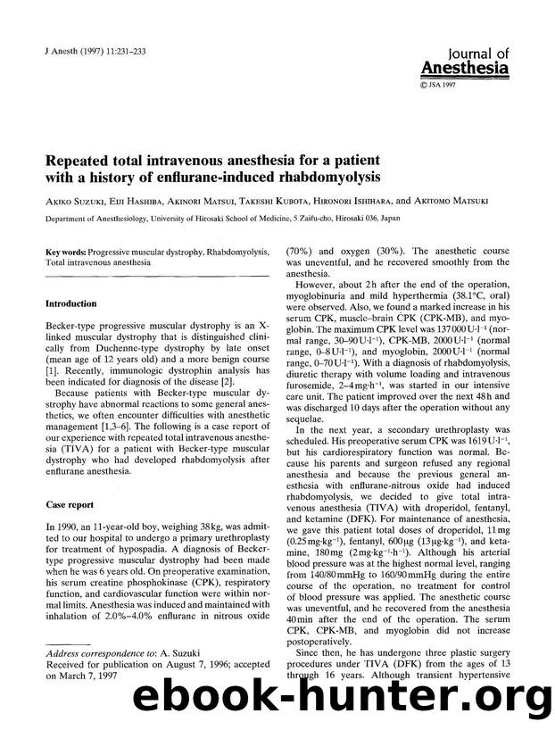 Repeated total intravenous anesthesia for a patient with a history of enflurane-induced rhabdomyolysis by Unknown