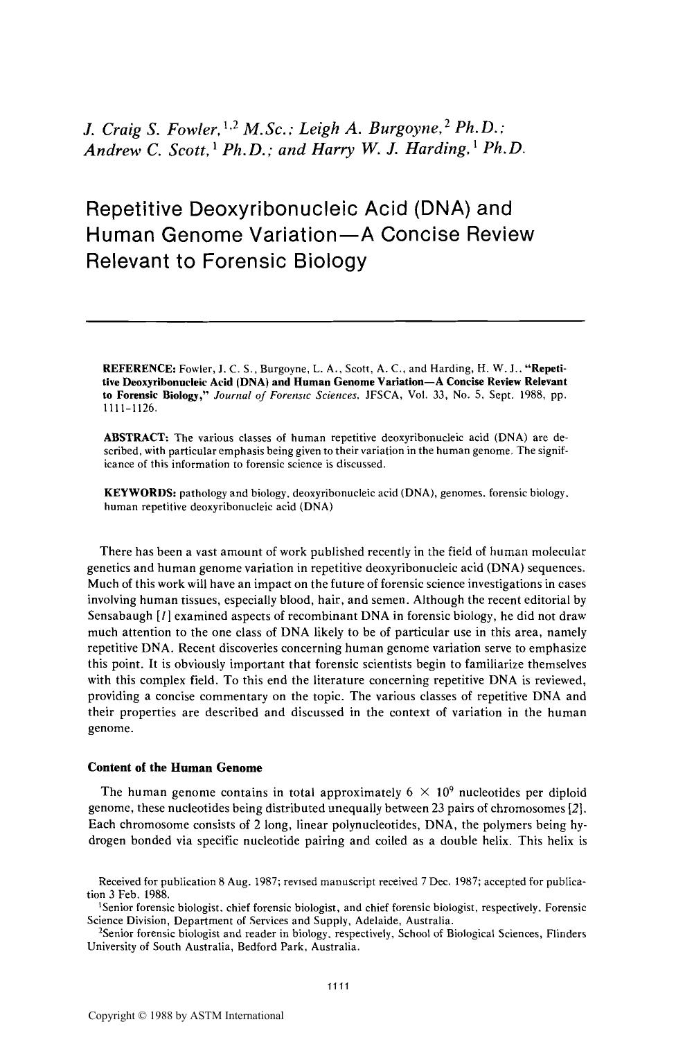 Repetitive Deoxyribonucleic Acid (DNA) and Human Genome VariationŁA Concise Review Relevant to Forensic Biology by Fowler JCS Burgoyne LA Scott AC Harding HWJ