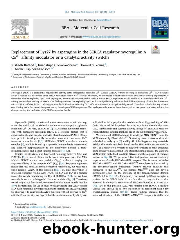 Replacement of Lys27 by asparagine in the SERCA regulator myoregulin: A Ca2+ affinity modulator or a catalytic activity switch? by Nishadh Rathod & Guadalupe Guerrero-Serna & Howard S. Young & L. Michel Espinoza-Fonseca