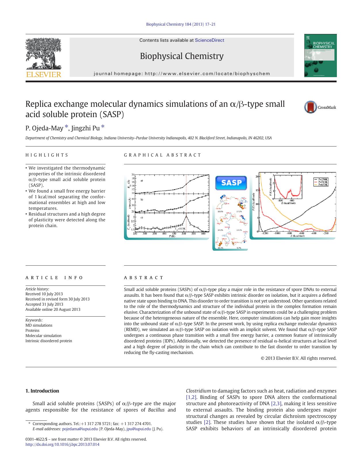 Replica exchange molecular dynamics simulations of an Î±Î²-type small acid soluble protein (SASP) by P. Ojeda-May & Jingzhi Pu