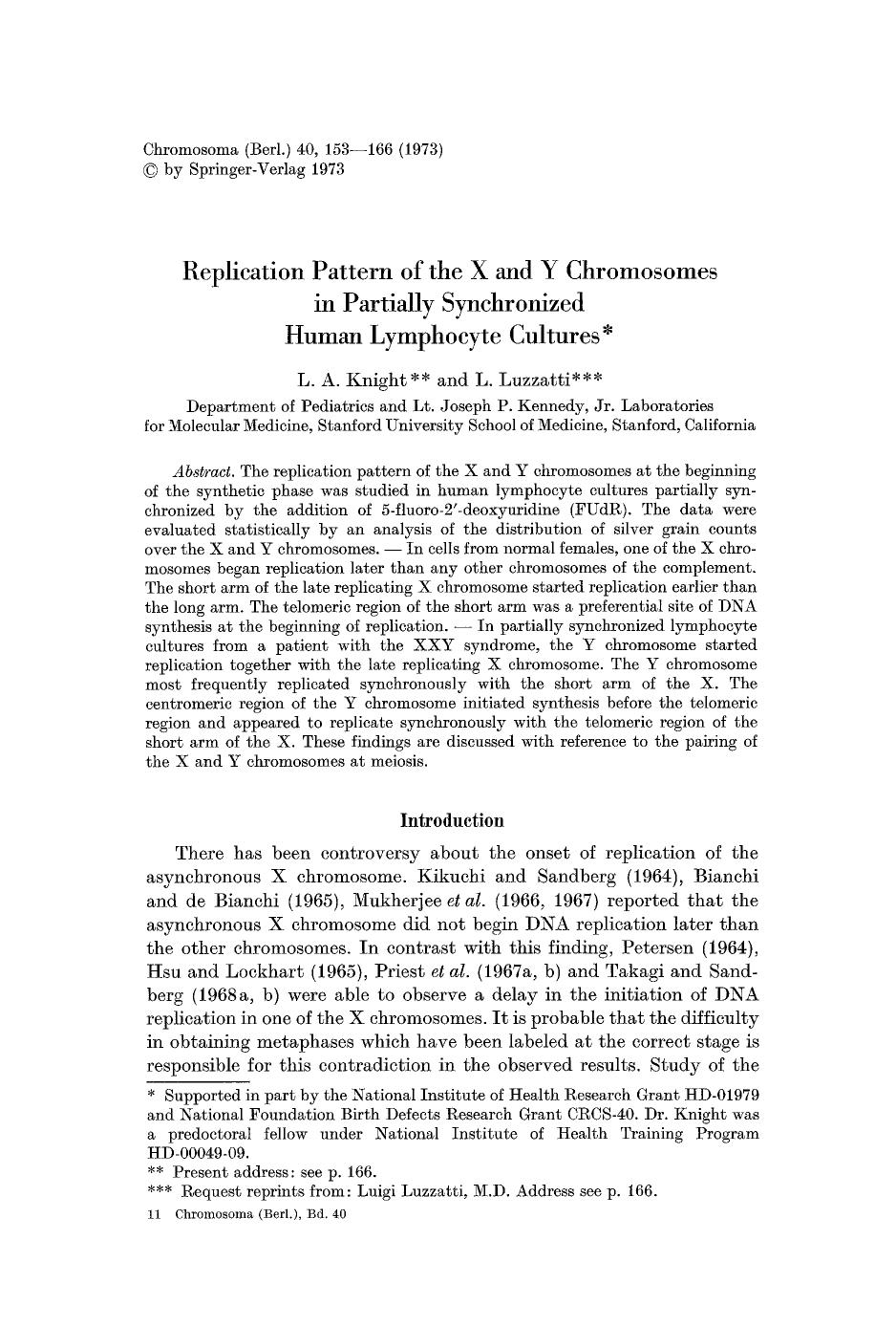 Replication pattern of the X and Y chromosomes in partially synchronized human lymphocyte cultures by Unknown