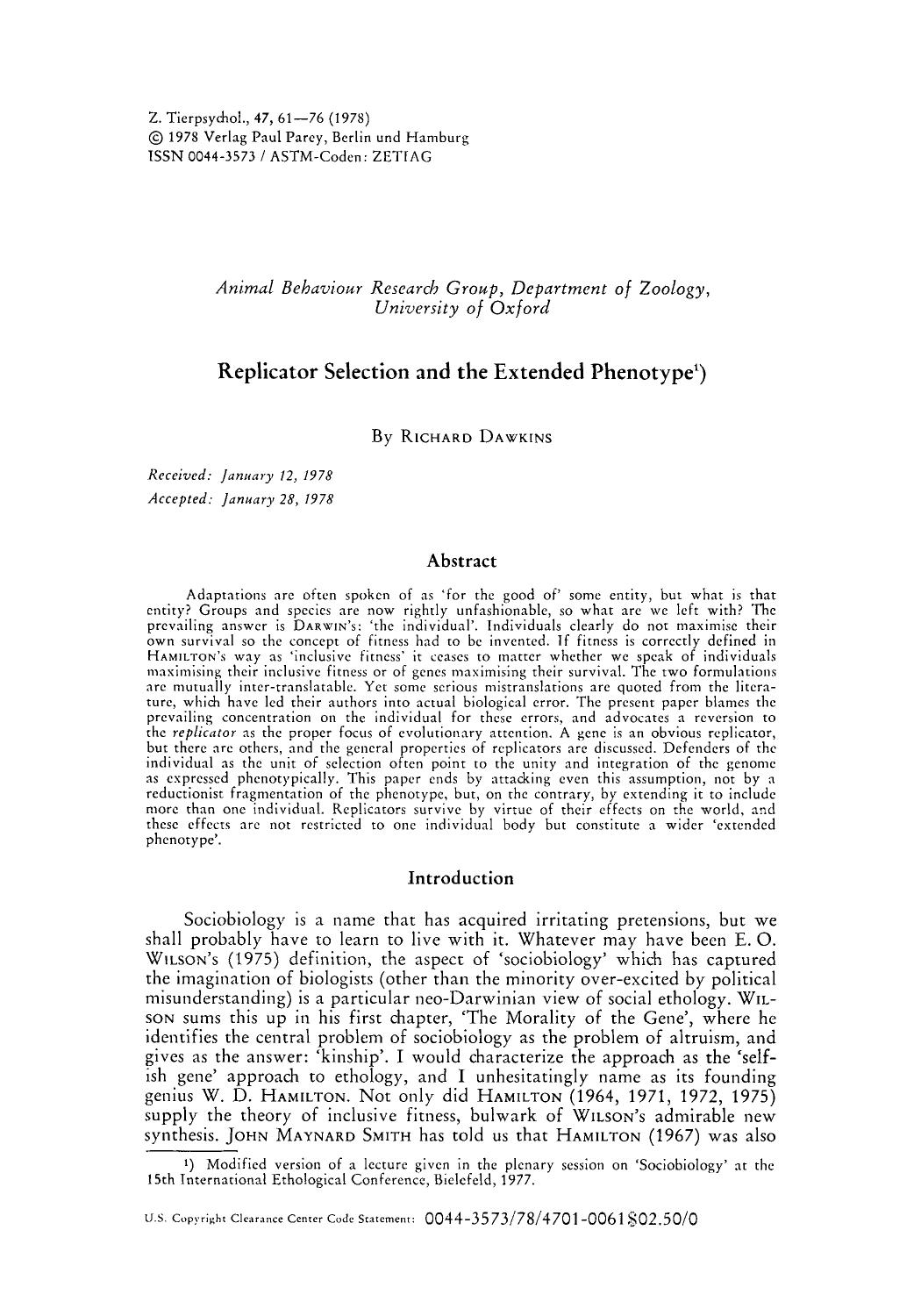 Replicator Selection and the Extended Phenotype by Replicator Selection & the Extended Phenotype (1978)